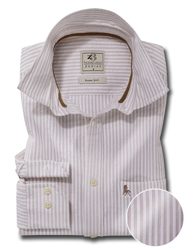 Yamal Seersucker Sand Striped Full Sleeve Tailored Fit Casual Cotton Shirt