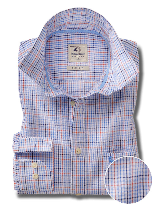 Raum Seersucker Sky Check Full Sleeve Tailored Fit Casual Cotton Shirt