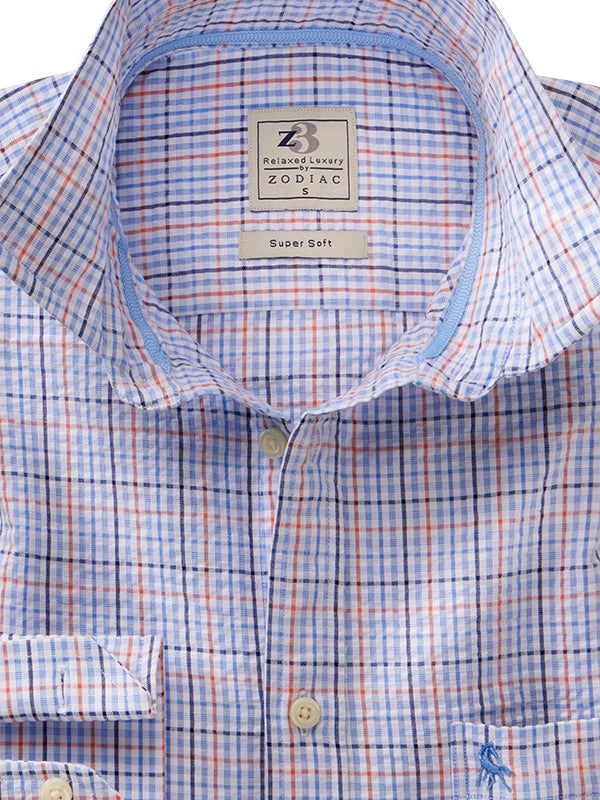 Raum Seersucker Sky Check Full Sleeve Tailored Fit Casual Cotton Shirt