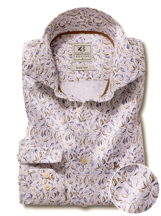 Hakimi Twill White Printed Full Sleeve Tailored Fit Casual Cotton Shirt