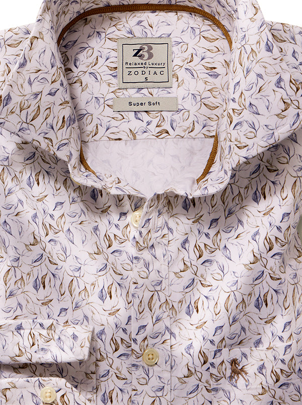 Hakimi Twill White Printed Full Sleeve Tailored Fit Casual Cotton Shirt