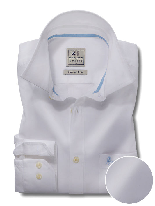 Enzo Twill Garment Dyed White Solid Full Sleeve Tailored Fit Casual Cotton Shirt