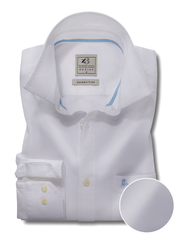 Enzo Twill Garment Dyed White Solid Full Sleeve Tailored Fit Casual Cotton Shirt