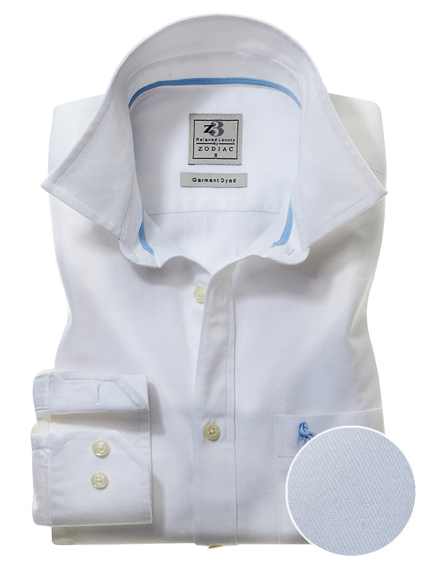 Enzo Twill Garment Dyed White Solid Full Sleeve Tailored Fit Casual Cotton Shirt