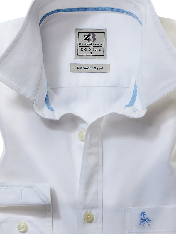 Enzo Twill Garment Dyed White Solid Full Sleeve Tailored Fit Casual Cotton Shirt