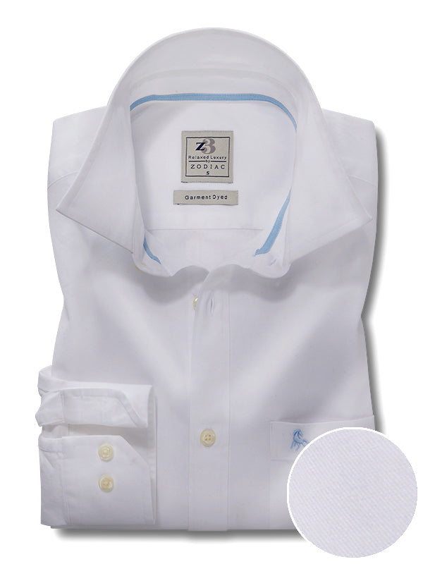 Enzo Twill Garment Dyed White Solid Full Sleeve Tailored Fit Casual Cotton Shirt