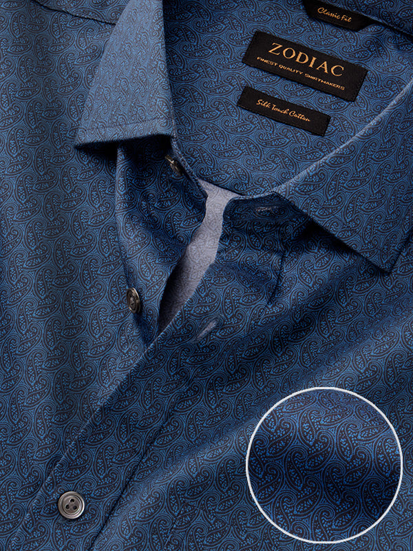 Bassano Navy Printed Full Sleeve Single Cuff Classic Fit Semi Formal Dark Cotton Shirt