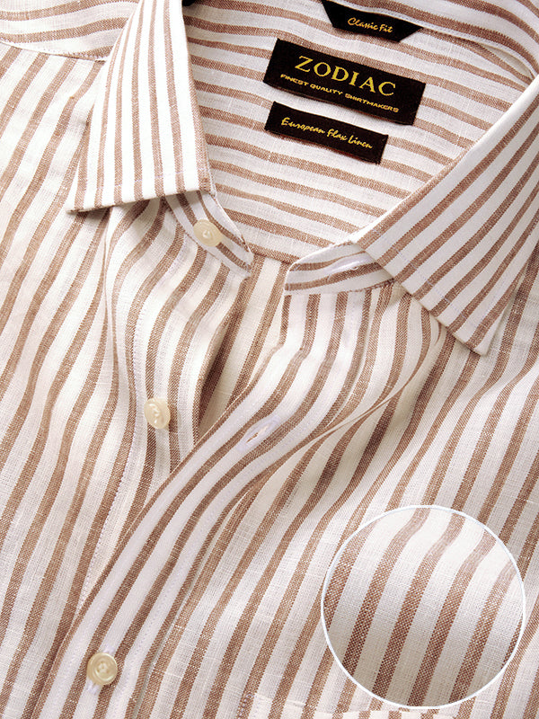 Positano Sand Striped Full Sleeve Single Cuff Classic Fit Semi Formal European Flax Linen Shirt