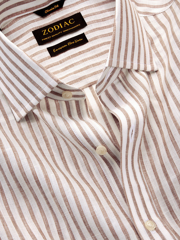 Positano Sand Striped Full Sleeve Single Cuff Classic Fit Semi Formal European Flax Linen Shirt