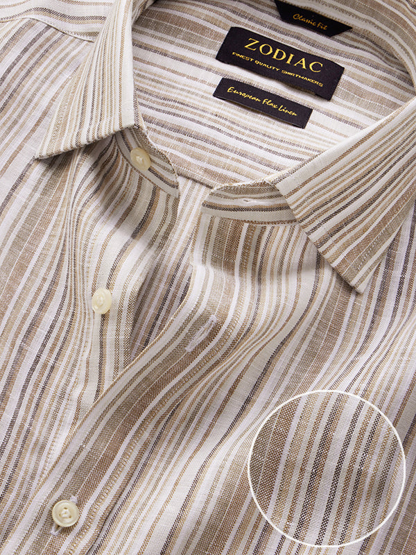Positano Sand Striped Full Sleeve Single Cuff Classic Fit Semi Formal European Flax Linen Shirt