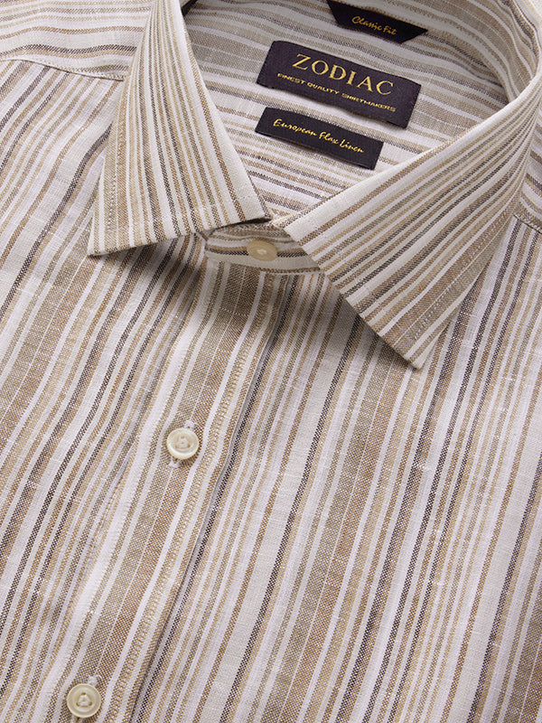 Positano Sand Striped Full Sleeve Single Cuff Classic Fit Semi Formal European Flax Linen Shirt