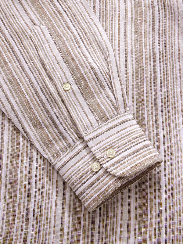 Positano Sand Striped Full Sleeve Single Cuff Classic Fit Semi Formal European Flax Linen Shirt