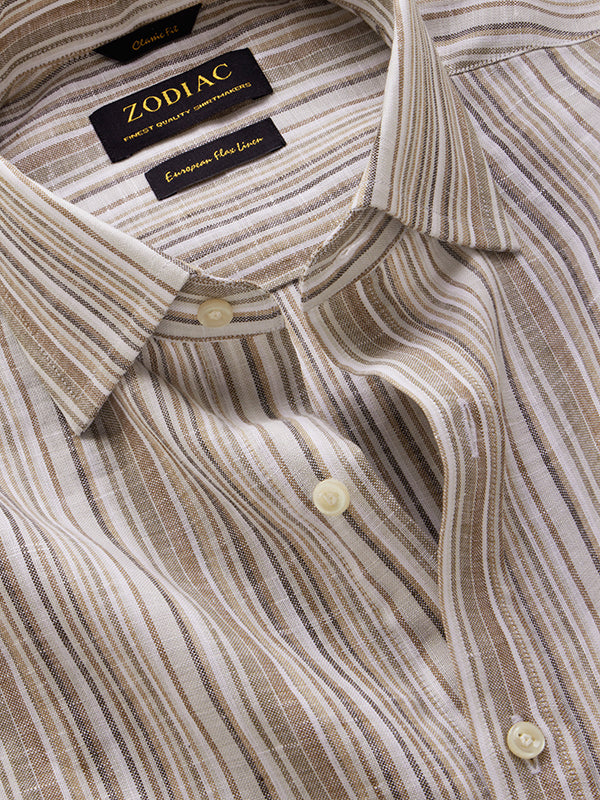 Positano Sand Striped Full Sleeve Single Cuff Classic Fit Semi Formal European Flax Linen Shirt
