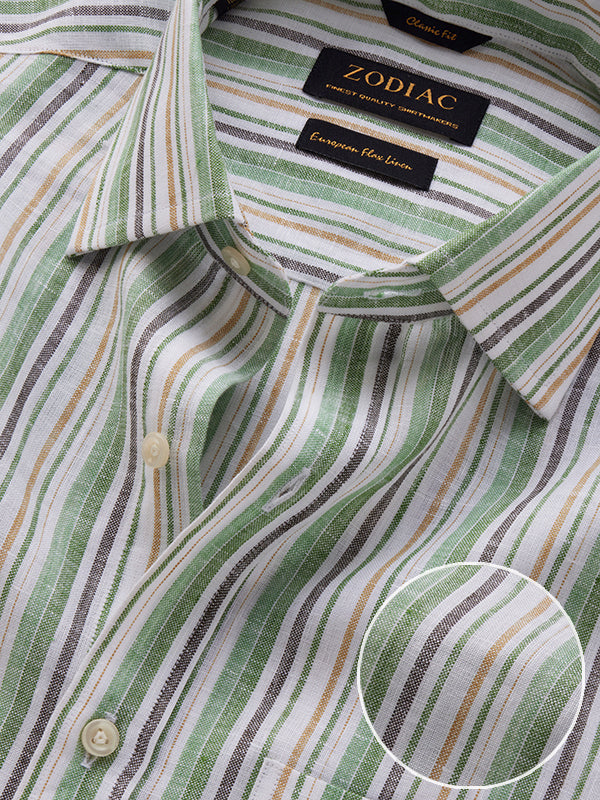 Positano Green Striped Full Sleeve Single Cuff Classic Fit Semi Formal European Flax Linen Shirt