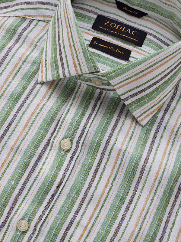 Positano Green Striped Full Sleeve Single Cuff Classic Fit Semi Formal European Flax Linen Shirt
