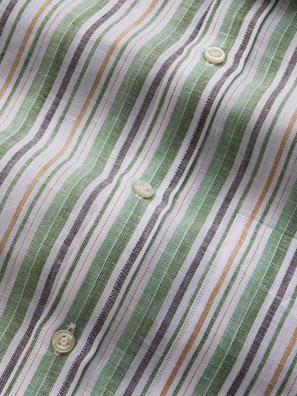 Positano Green Striped Full Sleeve Single Cuff Classic Fit Semi Formal European Flax Linen Shirt