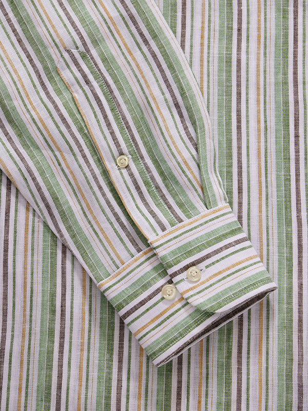 Positano Green Striped Full Sleeve Single Cuff Classic Fit Semi Formal European Flax Linen Shirt