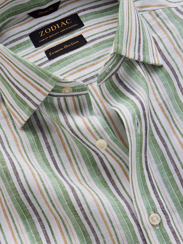 Positano Green Striped Full Sleeve Single Cuff Classic Fit Semi Formal European Flax Linen Shirt