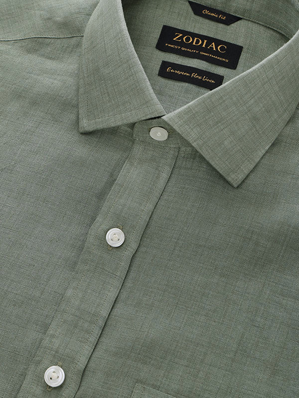 Praiano Olive Solid Half Sleeve Classic Fit Semi Formal European Flax Linen Shirt