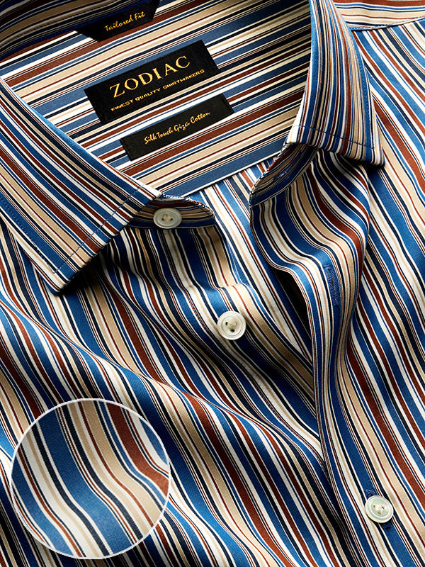 Vivace Blue Striped Full Sleeve Single Cuff Tailored Fit Semi Formal Silk Touch Egyptian Giza Cotton Shirt