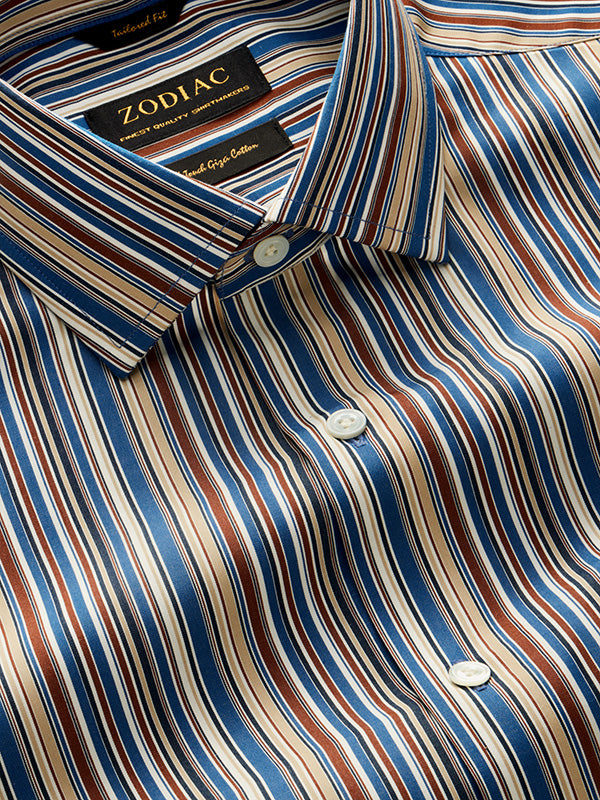 Vivace Blue Striped Full Sleeve Single Cuff Tailored Fit Semi Formal Silk Touch Egyptian Giza Cotton Shirt