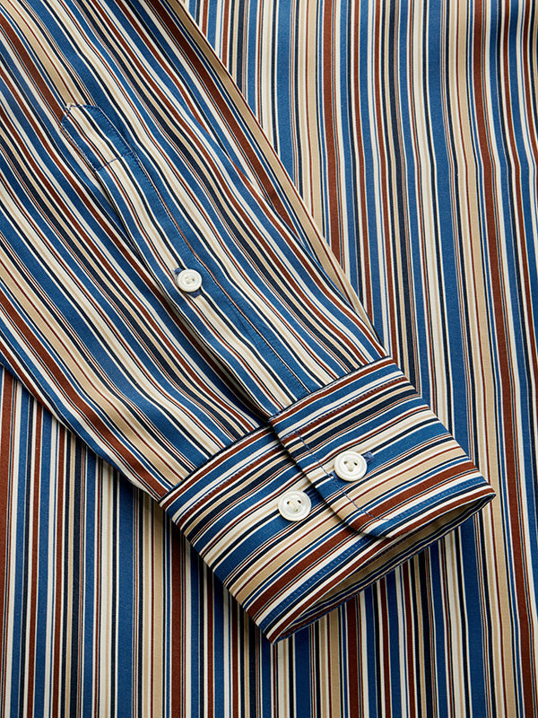 Vivace Blue Striped Full Sleeve Single Cuff Tailored Fit Semi Formal Silk Touch Egyptian Giza Cotton Shirt