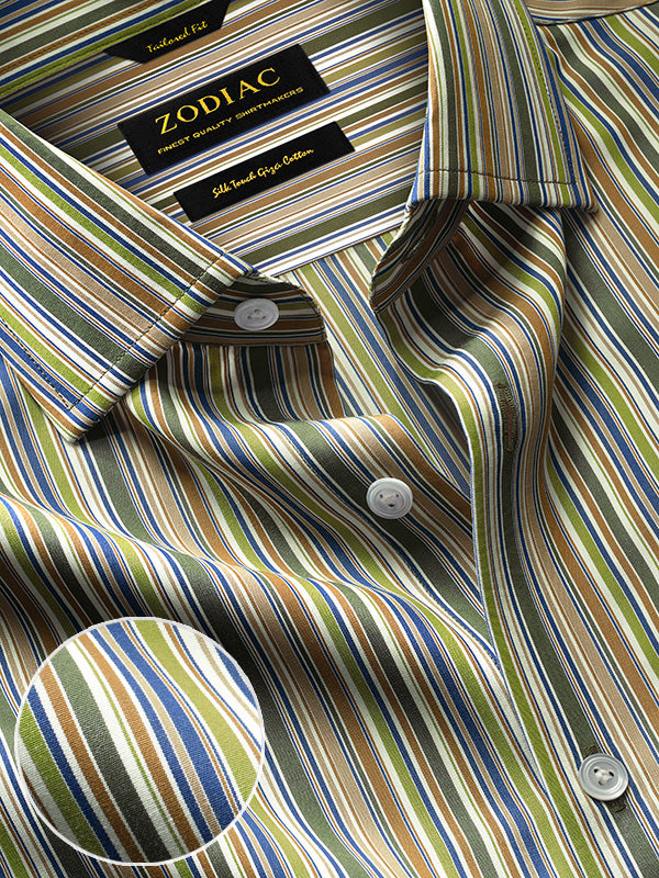 Vivace Olive Striped Full Sleeve Single Cuff Tailored Fit Semi Formal Silk Touch Egyptian Giza Cotton Shirt