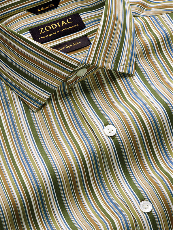 Vivace Olive Striped Full Sleeve Single Cuff Tailored Fit Semi Formal Silk Touch Egyptian Giza Cotton Shirt