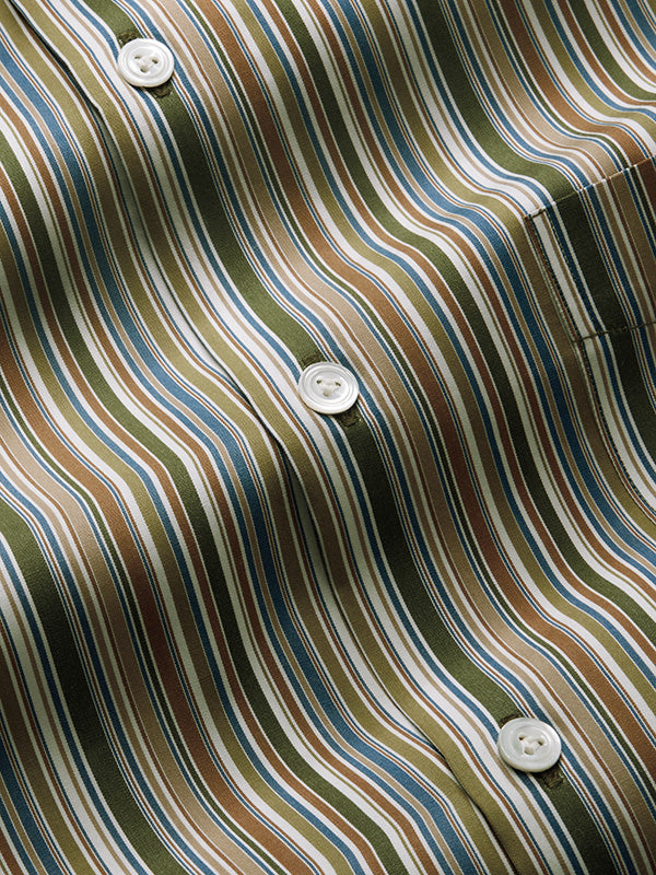 Vivace Olive Striped Full Sleeve Single Cuff Tailored Fit Semi Formal Silk Touch Egyptian Giza Cotton Shirt