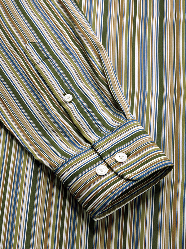 Vivace Olive Striped Full Sleeve Single Cuff Tailored Fit Semi Formal Silk Touch Egyptian Giza Cotton Shirt