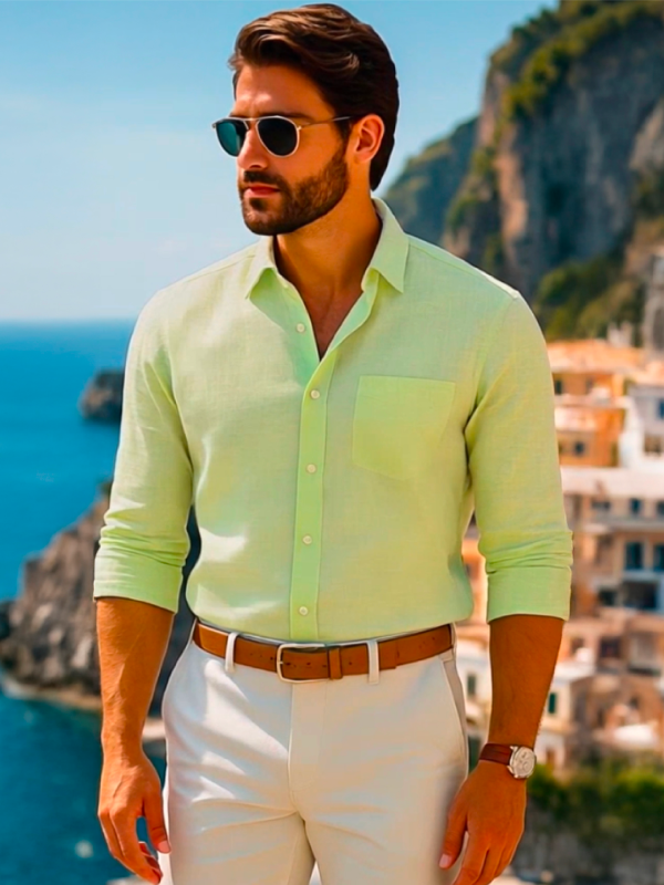 Positano Lime Solid Full Sleeve Classic Fit Semi Formal European Flax Linen Shirt