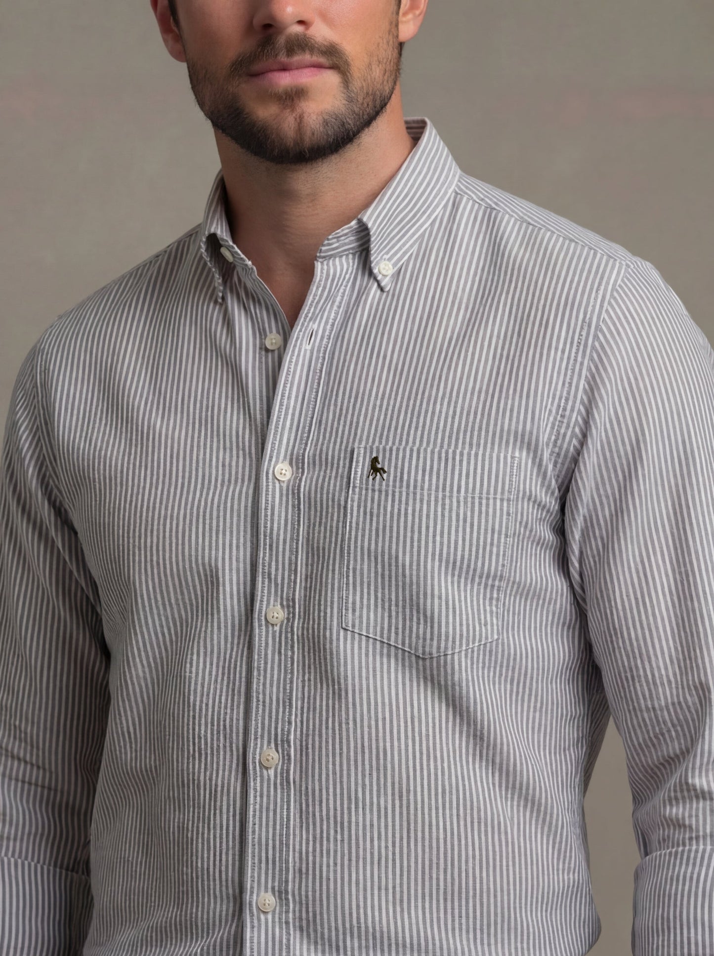 Keegan Oxford Olive Striped Full Sleeve Tailored Fit Casual Cotton Shirt