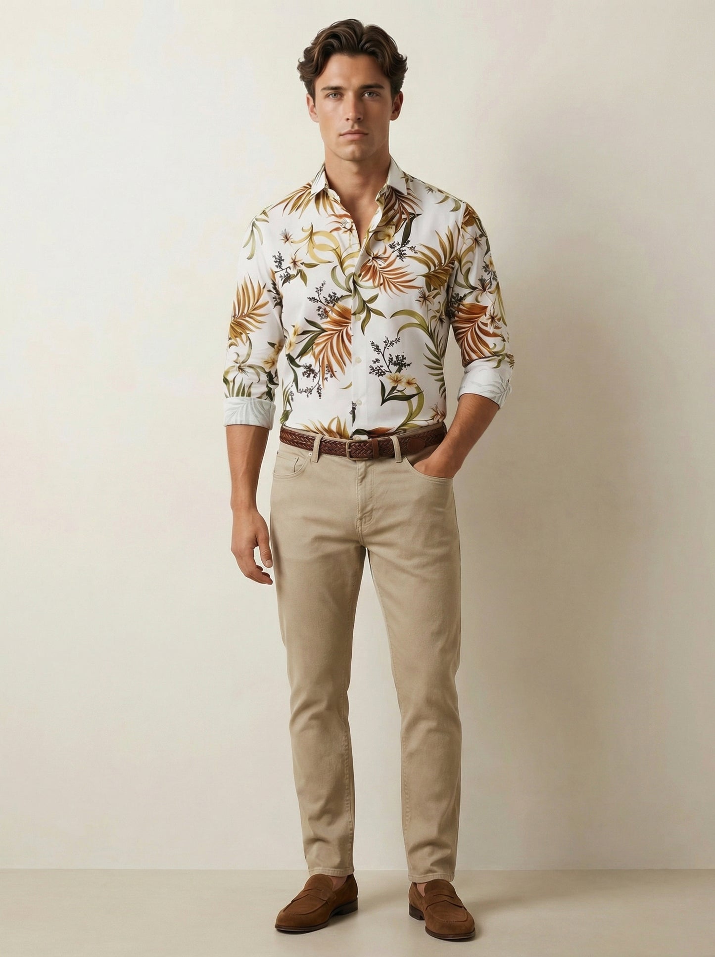 Chico Ecru Printed Full Sleeve Single Cuff Slim Fit Party Wear Viscose Shirt