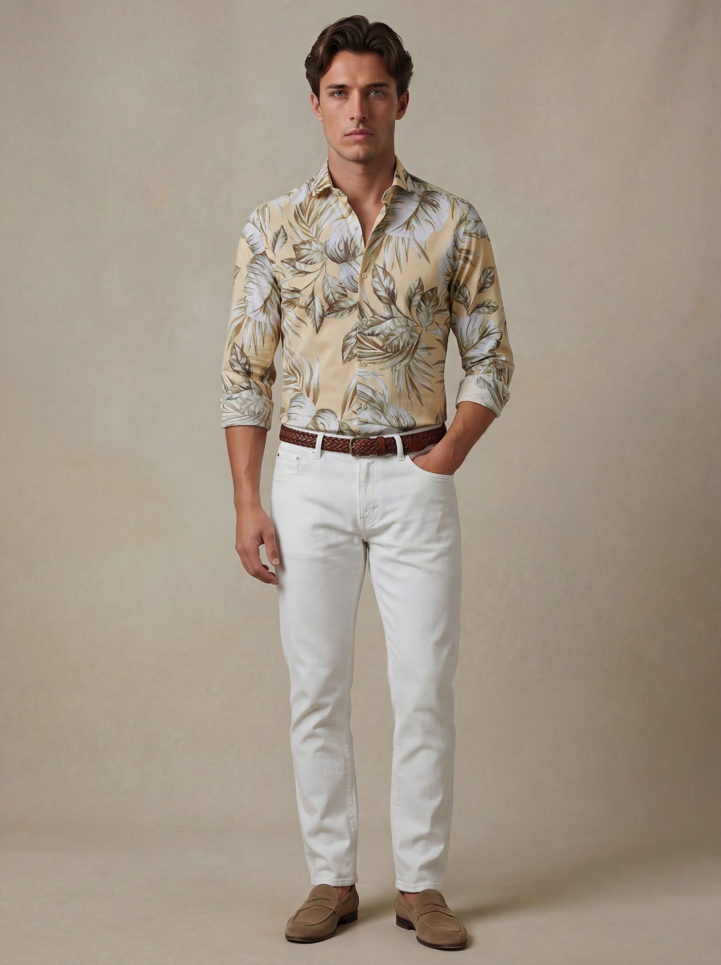 Chico Cream Printed Full Sleeve Single Cuff Slim Fit Party Wear Viscose Shirt