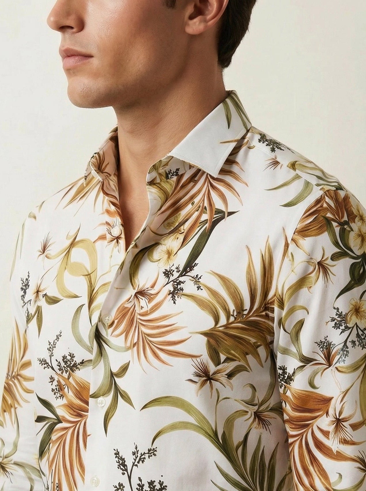 Chico Ecru Printed Full Sleeve Single Cuff Slim Fit Party Wear Viscose Shirt