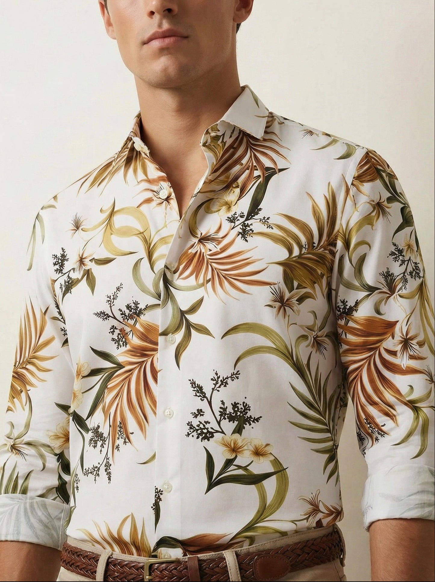 Chico Ecru Printed Full Sleeve Single Cuff Slim Fit Party Wear Viscose Shirt