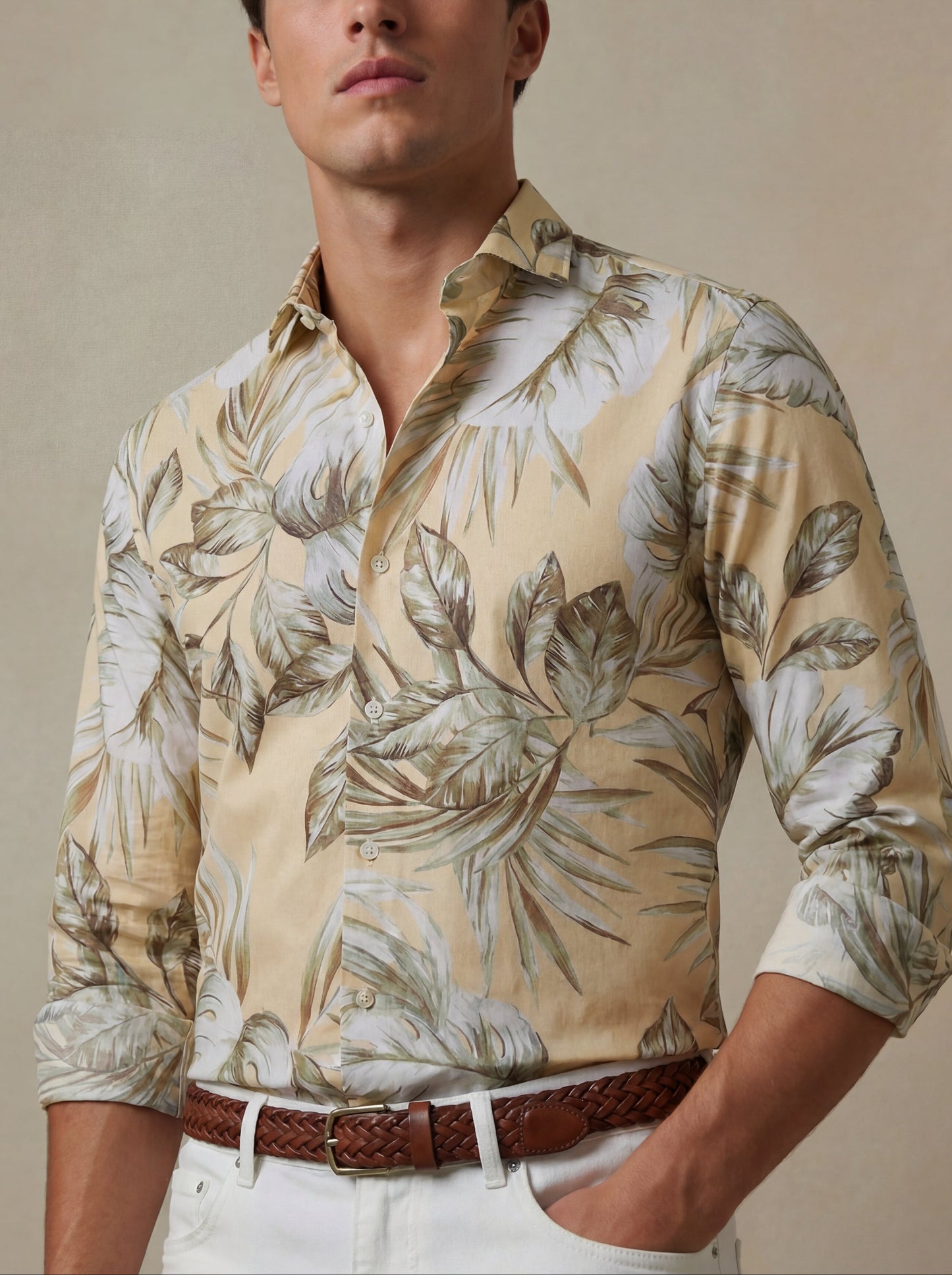 Chico Cream Printed Full Sleeve Single Cuff Slim Fit Party Wear Viscose Shirt