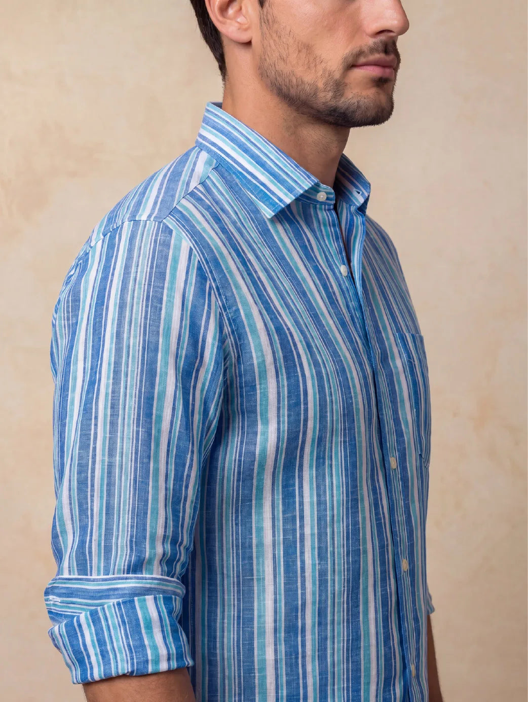 Positano Blue Striped Full Sleeve Single Cuff Classic Fit Semi Formal European Flax Linen Shirt