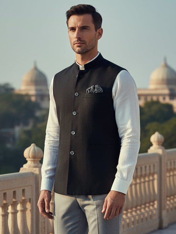 Positano Black Pure Linen Sleeveless Jodhpuri