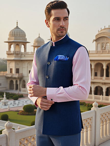Biella Blue Pure Wool 130's Sleeveless Jodhpuri