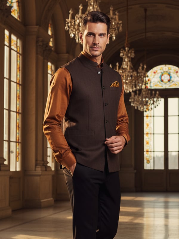 Pollone Brown Poly Wool Sleeveless Jodhpuri