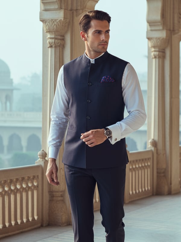 Biella Navy Pure Wool 160's Sleeveless Jodhpuri