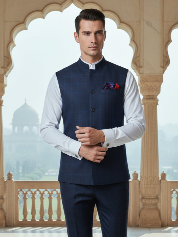 Biella Navy Pure Wool 160's Sleeveless Jodhpuri