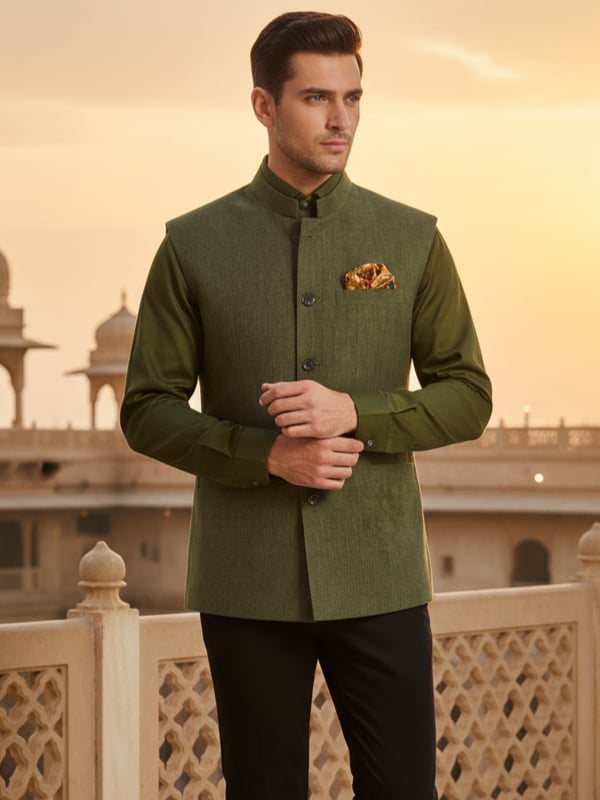 Positano Olive Pure Linen Sleeveless Jodhpuri