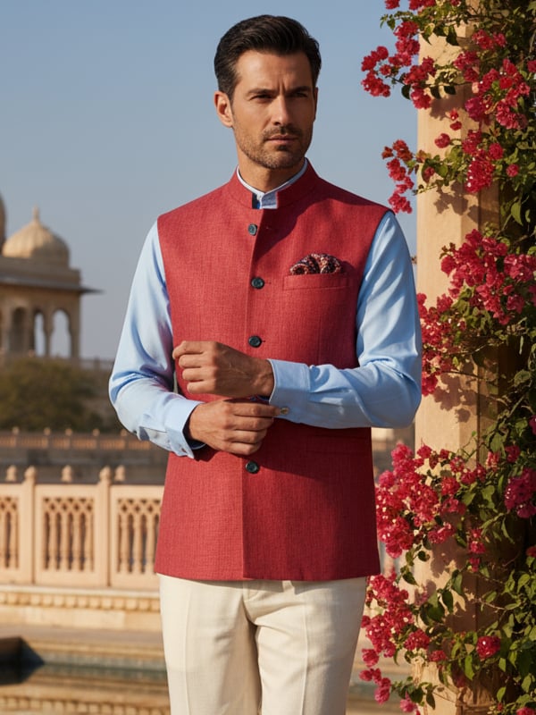 Positano Red Pure Linen Sleeveless Jodhpuri