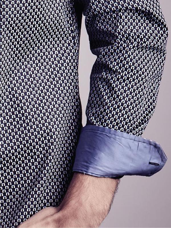 Lavo Navy Printed Full Sleeve Single Cuff Slim Fit Party Wear Blended Shirt