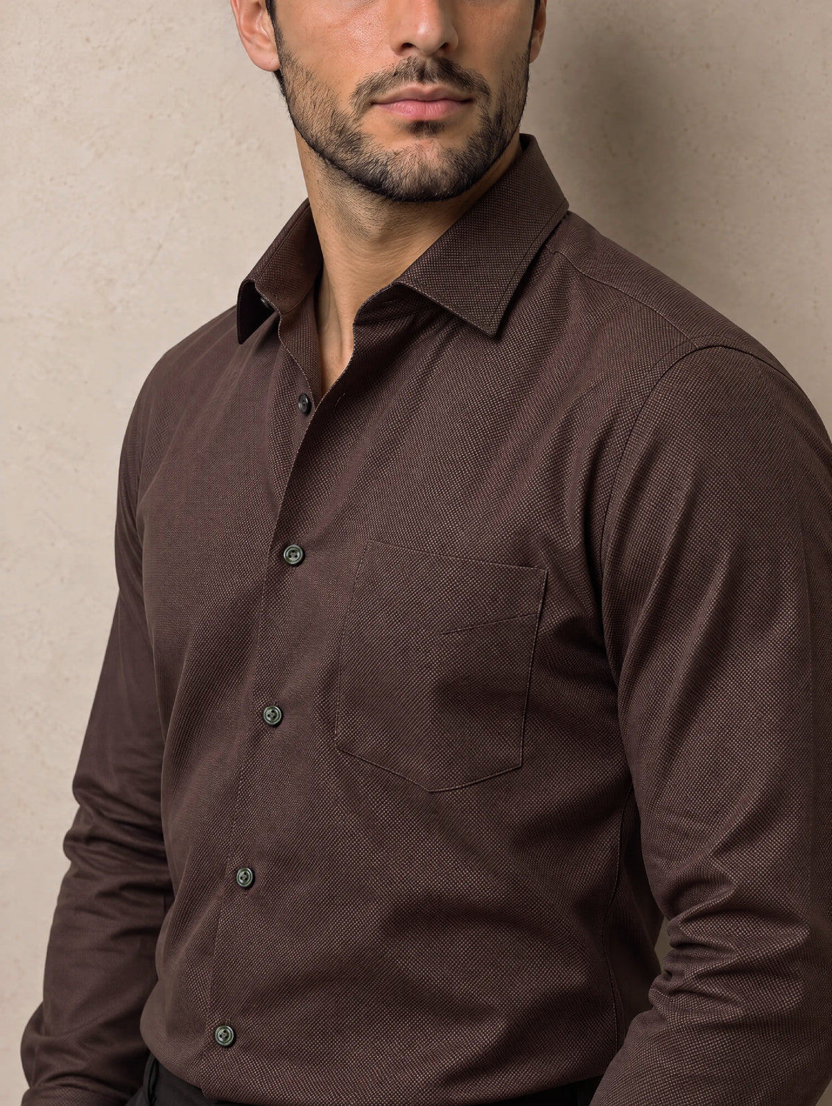 Marzeno Brown Solid Full Sleeve Single Cuff Tailored Fit Semi Formal Dark Two Ply Mercerized Cotton Shirt