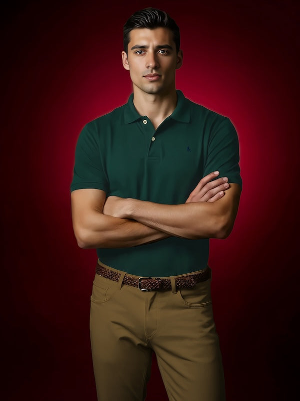 z3 Polo Garment Dyed Green Solid Tailored Fit Casual Cotton T-Shirt