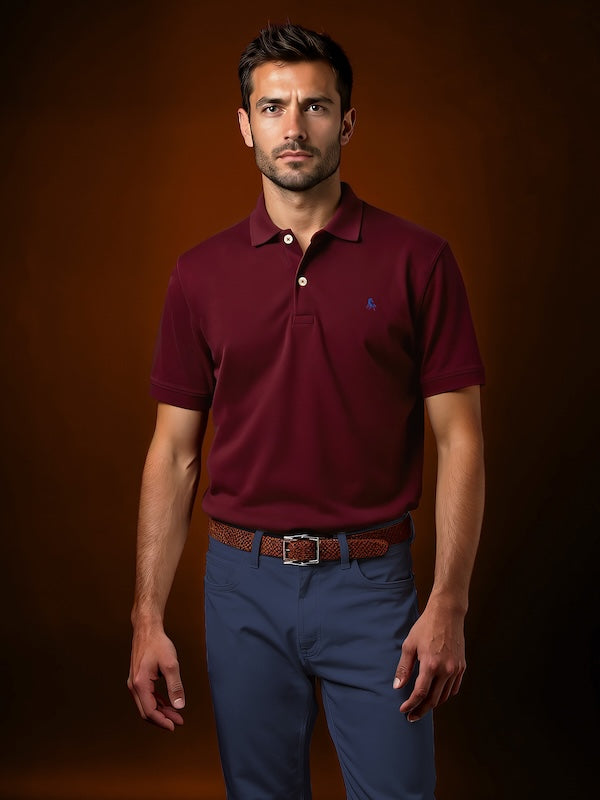 z3 Polo Garment Dyed Maroon Solid Tailored Fit Casual Cotton T-Shirt