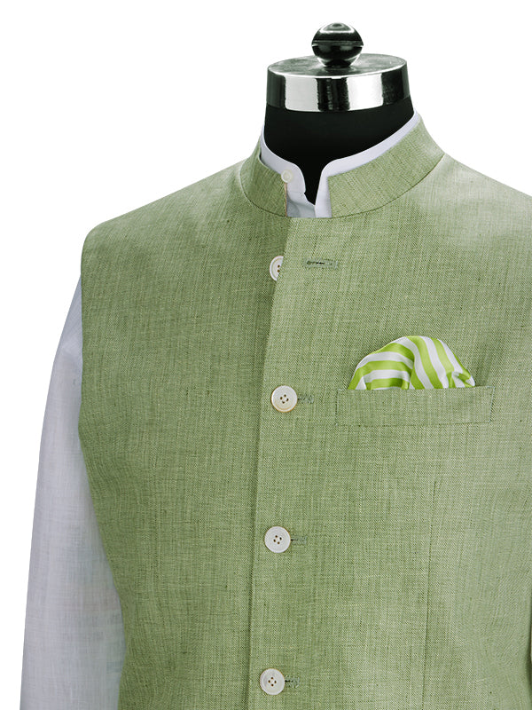 Positano Green Pure Linen Sleeveless Jodhpuri